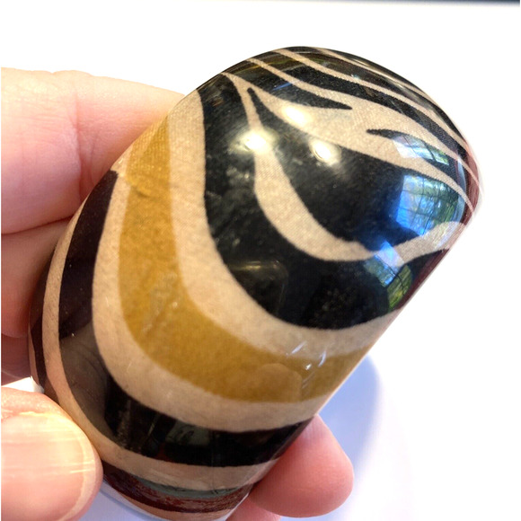 Wooden Bracelet Y2K Wide Domed Bangle Animal Print Tan Black Cream Wood Fashion - Picture 6 of 7